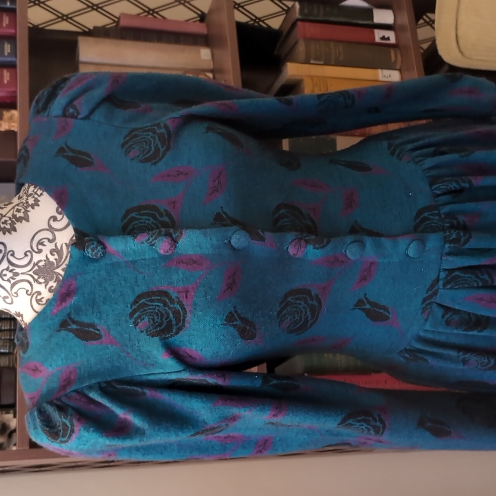 Vintage Teal Purple Floral Drop Waist Dress XS